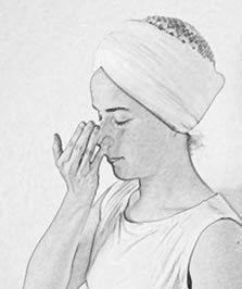 When the breath is full, close off the left nostril with the Mercury finger (the little finger), and exhale smoothly through the right nostril. The breath is complete, continuous, and smooth.
