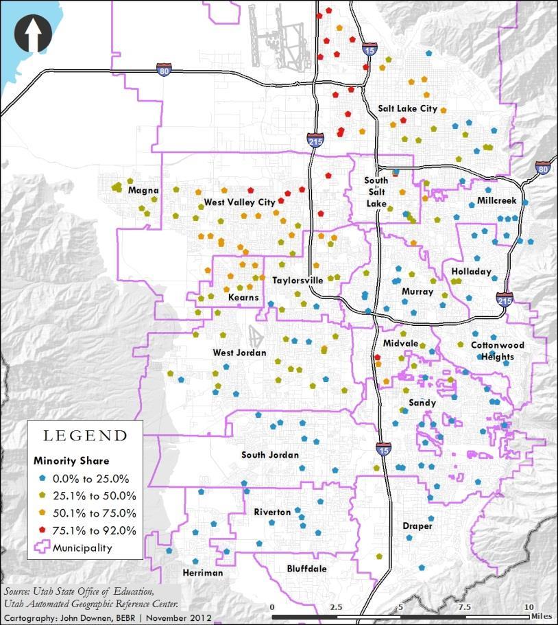The minority share of the student body at each public school in Salt Lake County is shown in Figure 10.