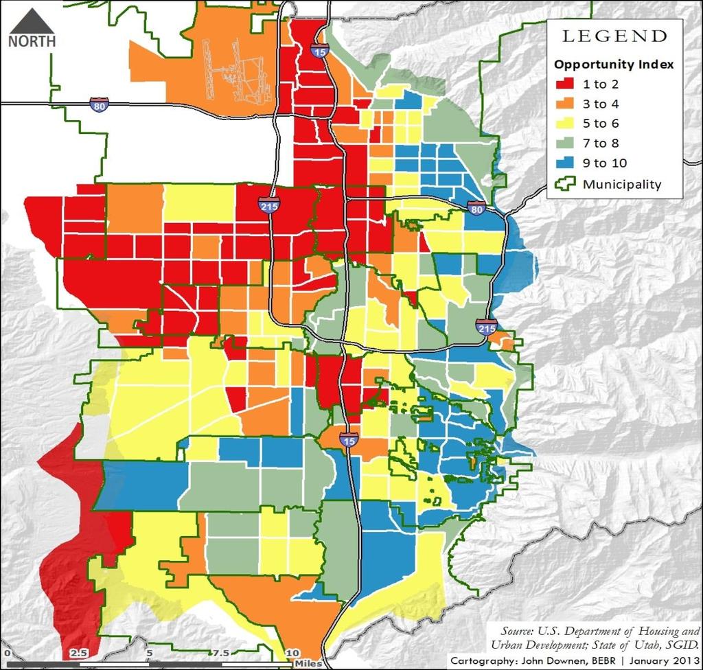 Figure 1 Opportunity Index by Census Tract in Salt Lake County (1-2 opportunity poor to 9-10
