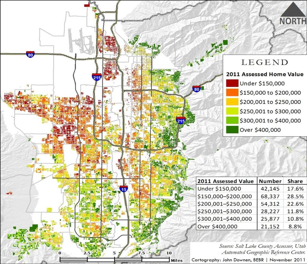 Housing Affordability and Stability An overwhelming majority of the homes valued above $250,000 are located on the east-side of Interstate 15 and south of West Jordan Table 17.