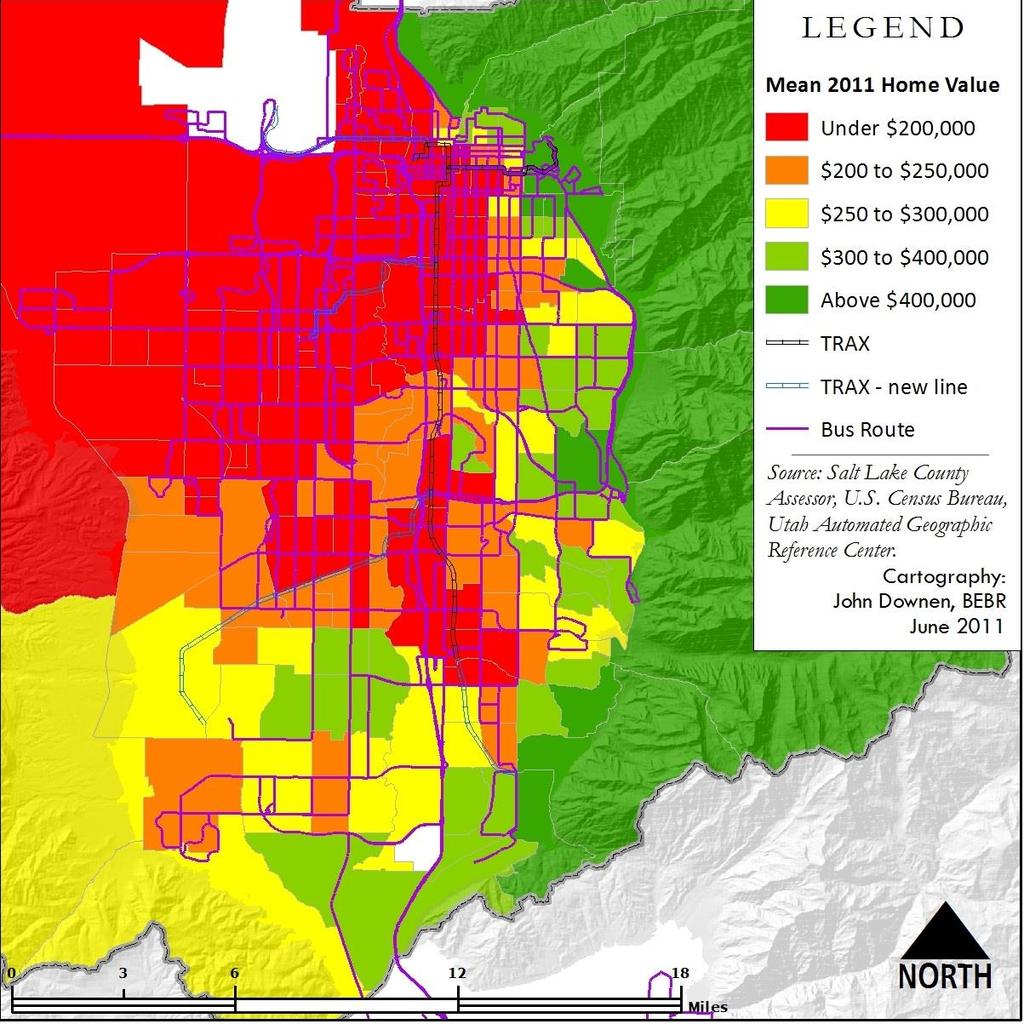 Figure 18 maps the mean home value in 2011 by census tract in Salt Lake County.