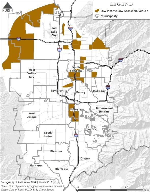 Figure 21 Food Deserts in Salt Lake County - 2010 (Low Income Household and Accessibility Exceeds One Mile) Figure 22 Food Deserts in Salt Lake County - 2010 (Low