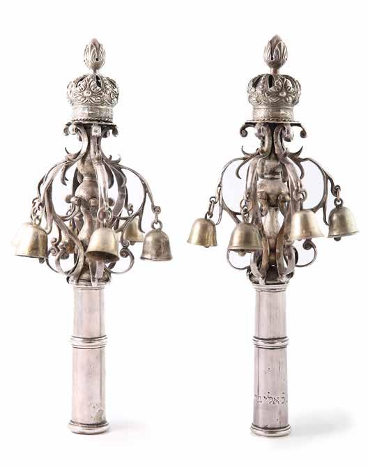 77 Pair of Finials for Torah Scroll, Silver. Amsterdam, 1720 Description: Pair of chased and repousse silver finials, marks on the base of one finial.