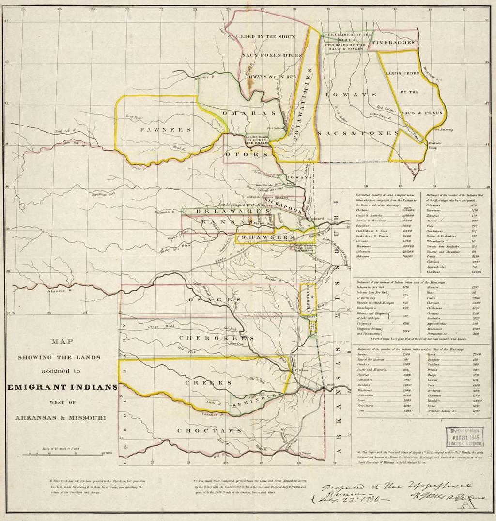 I Map showing the lands assigned to emigrant Indians west of Arkansas and Missouri. LOC: Col.