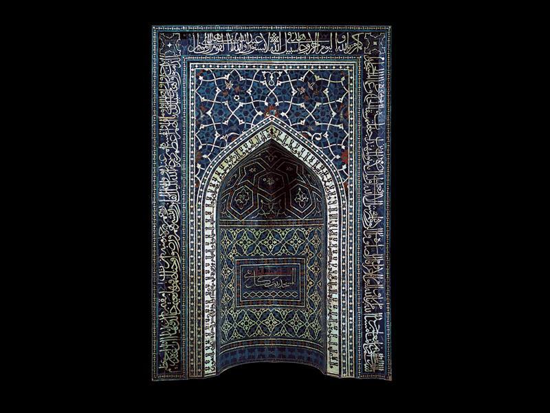 Closer Look: Tile Mosaic Mihrab Mihrab. c. 1354. Composite body, glazed, sawed to shape and assembled in mosaic. Height 11' 3". Iran.