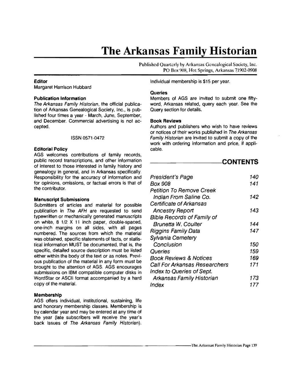 The Arkansas Family Historian Published Quarterly by Arkansas Genealogical Society, Inc.