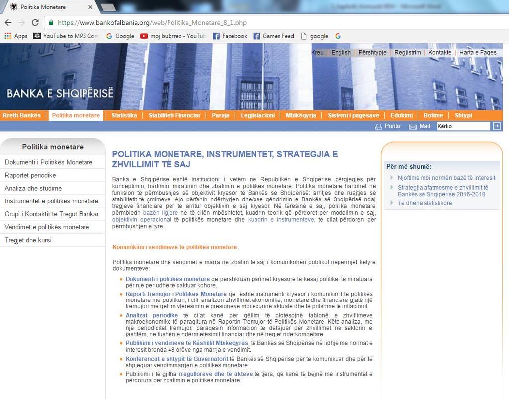 Paraqitje (print screen) e faqes zyrtare e internetit të Bankës së Shqipërisë, rubrika: Politika Monetare Tabelë: Pesha e segmenteve të sistemit financiar ndaj PBB-së në vite Autoriteti Licensues dhe