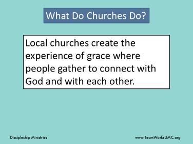 This new section focuses on Settings for Ministry. For preparation, read the article on Settings for Ministry.. The question What Do Churches Do? addresses the issue of what churches literally do.