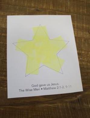 CRAFT Sparkly Star What You Need: Sparkly Star Activity Page on white cardstock, yellow tissue paper, and glue sticks During the Activity: Place the tissue paper in the middle of the table and give