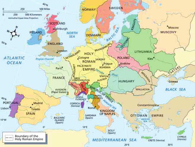 Map of Europe, c. 1500 Interpreting Maps In 1500 the Holy Roman Empire reached from the North and Baltic Seas to the Mediterranean Sea. Skills Assessment: 1.