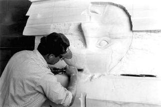 222 Mormon Historical Studies Worker at the Rainier Davido factory in New Castle, Pennsylvania, carving one of the thirty sunstones for the new Nauvoo Temple, August 2000.