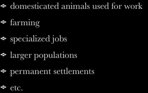 Neolithic Characteristics domesticated animals used for work farming specialized jobs larger