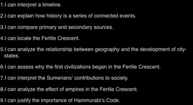 I can Statements 1.I can interpret a timeline. 2.I can explain how history is a series of connected events. 3.I can compare primary and secondary sources. 4.I can locate the Fertile Crescent. 5.