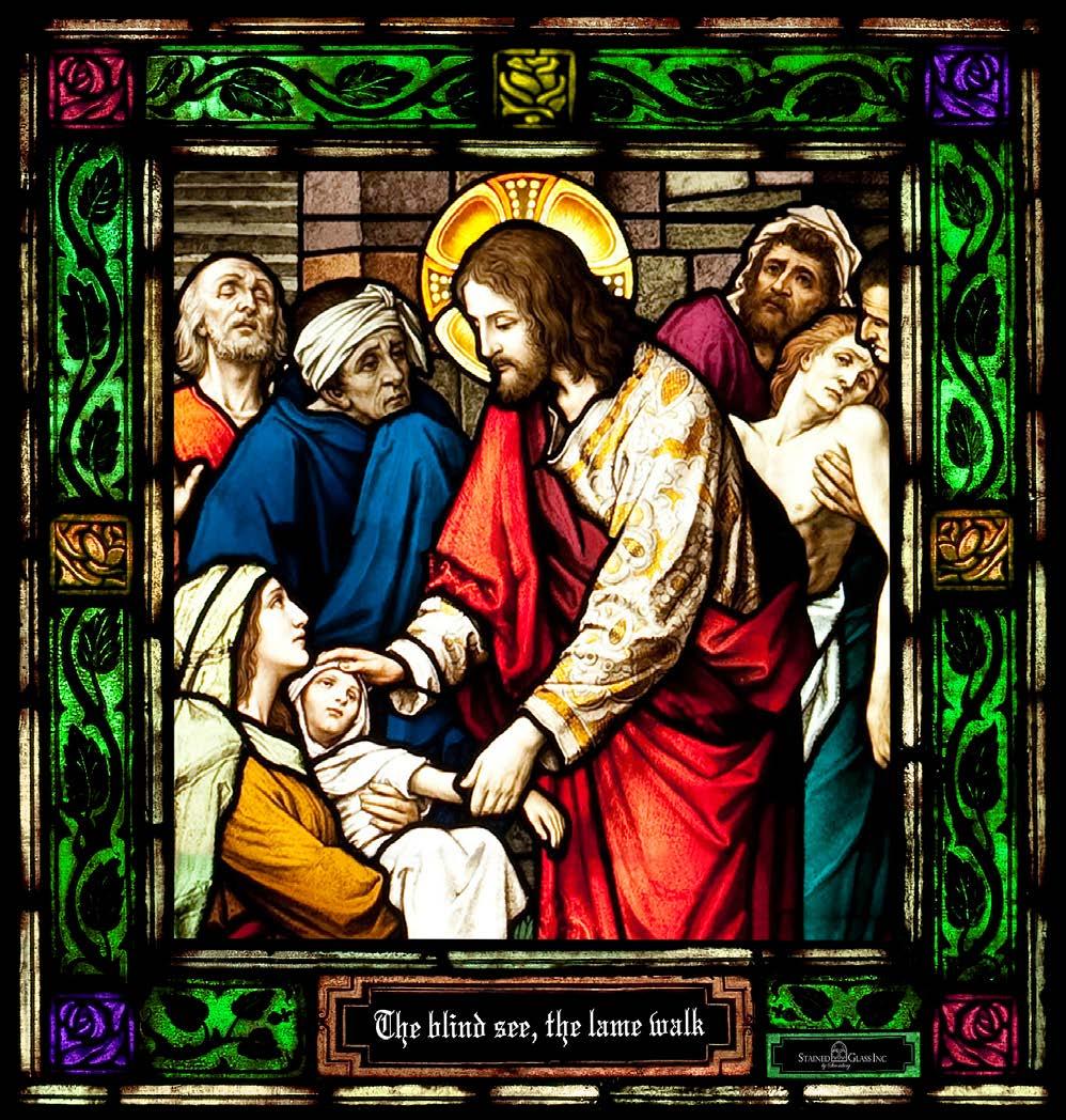 Text and imagery combine with color and light to create this stained glass work that is perfect for classroom, fellowship hall and entryway in Holiness churches.