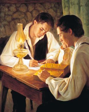 Artist s rendition of Joseph Smith studying the plates. Joseph recalled that he copied a considerable number of characters from the plates.