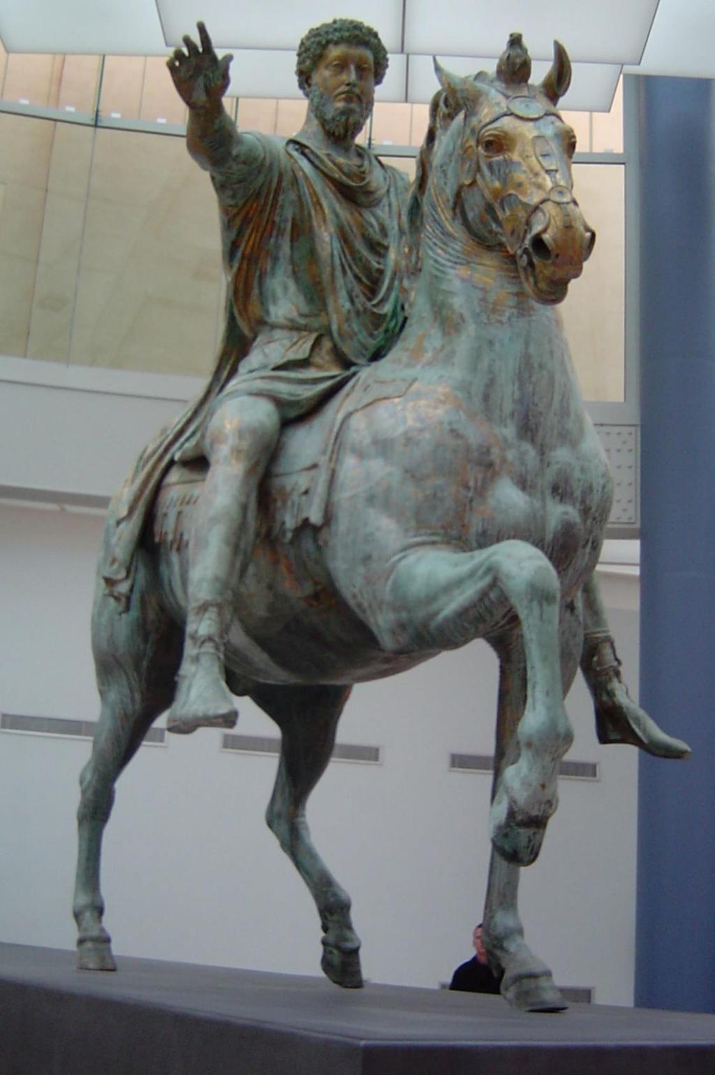 Equestrian Sculpture of Marcus Aurelius c. 173-76 C.E. What do you notice about Marcus Aurelius posture on this very spirited (lively, agitated) horse?