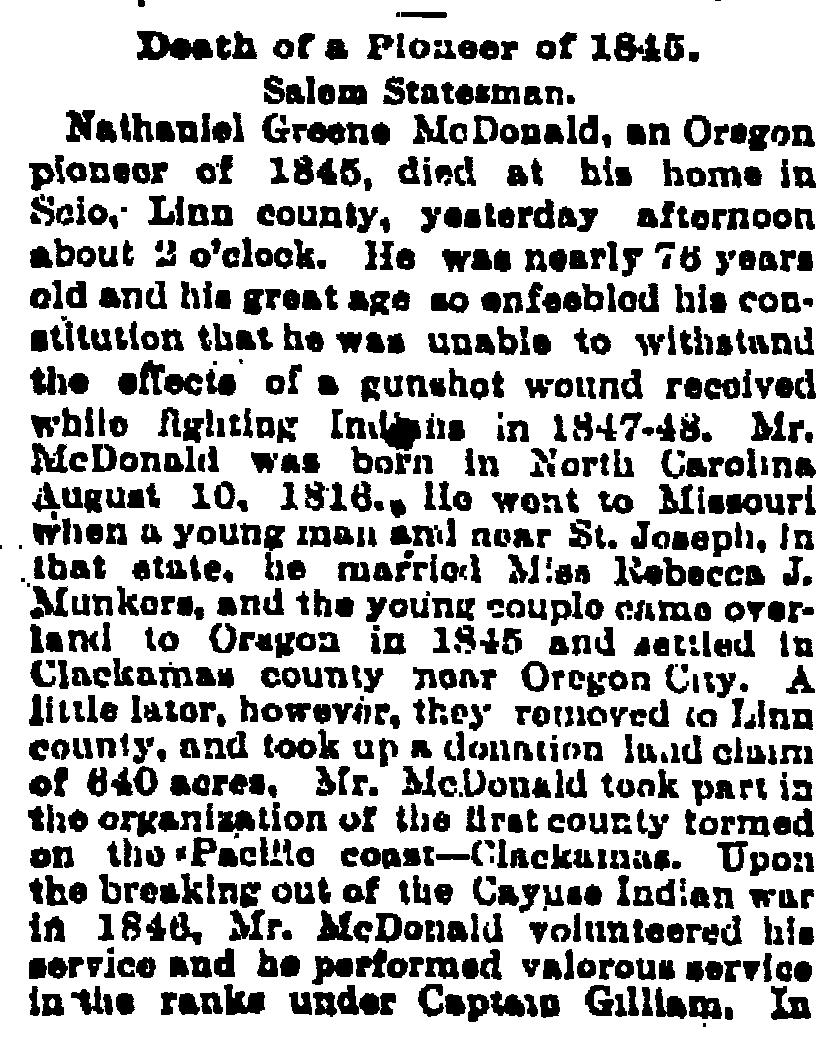 [Oregonian, Portland, Oregon, Saturday, July 8, 1893 p. 7] Children: i. Mary Priscilla McDonald b.