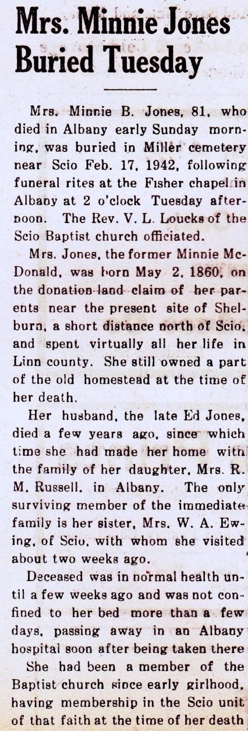 [The Scio Tribune Thursday, February 19, 1942] viii. Jefferson Lee McDonald b. 25 Jul 1863 Scio, Linn County, Oregon d.