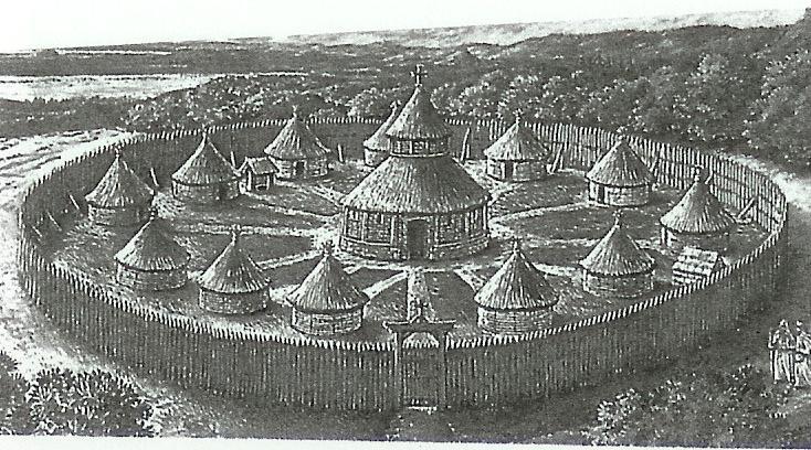 A TYPICAL CELTIC VILLAGE This illustration shows a village, like early Glastonbury and surrounding settlements, which were built on a circular theme.