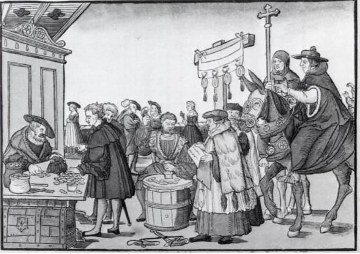 THE SALE OF INDULGENCES 1) What does the image above depict? 2) Who is shown making money in the image?