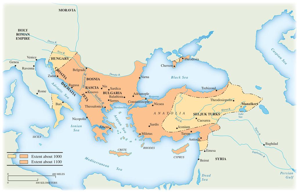 Map 10.2 The Byzantine Empire, 1000 1100 The Byzantine empire went from a major to a minor power in the period portrayed on this map.