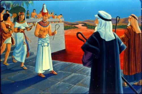 Next morning, Moses and Aaron met Pharaoh at the river. When Aaron held out his rod, God turned the water into blood.