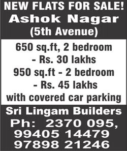 REAL ESTATE (SELLING) WEST MAMBALAM, J. R. Flats, No. 11/6, Bharathi Street, near Ayodhya Man-dapam, single bedroom, 550 sq.