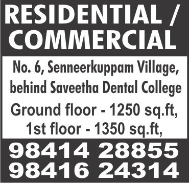 WEST MAMBALAM, No. 23/1, Veeraswamy Street, near SRM Nightingale School, 2 bedroom, hall, kitchen, 650 sq.ft, 3 rd floor, no lift, 2-wheeler parking, rent Rs. 8500. Contact: N. Shanmugam.