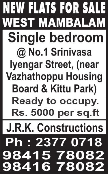 Ph: 2834 2141, 97106 10091, 099729 20326. ASHOK NAGAR, 11 th Avenue, near Water Tank bus stop, 2 bedroom apartment, bath attached, hall, kitchen, dining, balcony, lift, car parking, rent Rs.