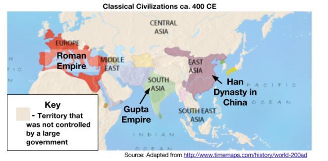 To the west, Rome ruled the area around the Mediterranean Sea, and to the east, the Han Dynasty controlled China.