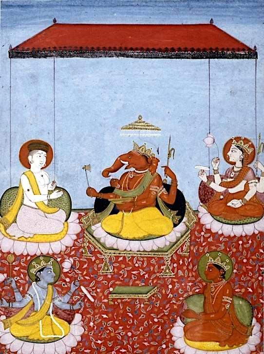 Hinduism Ganesha (centre) with Shiva (top left), Devi (top right), Vishnu (bottom left) and Surya (bottom right); The word Hinduism derives from the word Sindhu, the Sanskrit name for the Indus River.