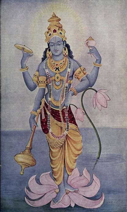 Hindu Gods cont. Vishnu is usually described as having dark complexion of waterfilled clouds and having four arms.