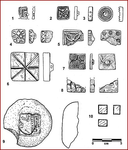 Figure 3: Harappa: Ravi and Kot Diji Phase Seals 1.Button Seal, bone, Ravi Phase, H98-3503/8514-07. 2.Button Seal, glazed steatite, Kot Diji Phase, H96-2740/7469-01. 3.Button Seal, glazed steatite, Kot Diji Phase, H96/7458-01.