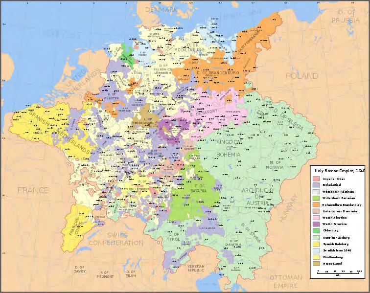Image: The Holy Roman Empire following the Peace of Westphalia. Created by Wikipedia user Roke. Via Wikimedia Commons.