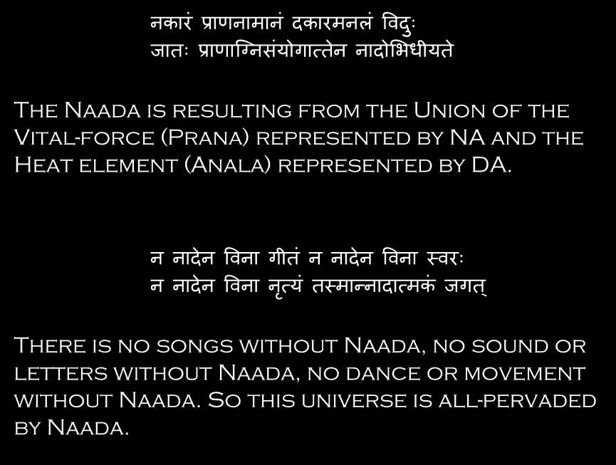 Naada and its Omnipresence क र प र म क रम ल वव ज त प र न ग स य ग त त मभ यत The Naada is resulting from the Union of the Vital-force (Prana) represented by NA and the Heat element (Anala)