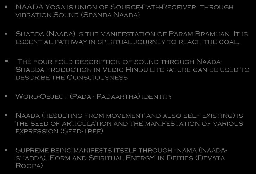 Concluding Remarks NAADA Yoga is union of Source-Path-Receiver, through vibration-sound (Spanda-Naada) Shabda (Naada) is the manifestation of Param Bramhan.