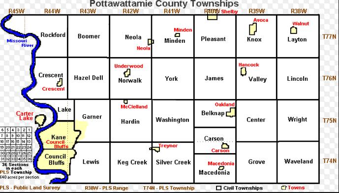 Pottawattamie County, Iowa Maps Townships and Towns in Pottawattamie County, Iowa Courtesy of iagenweb.