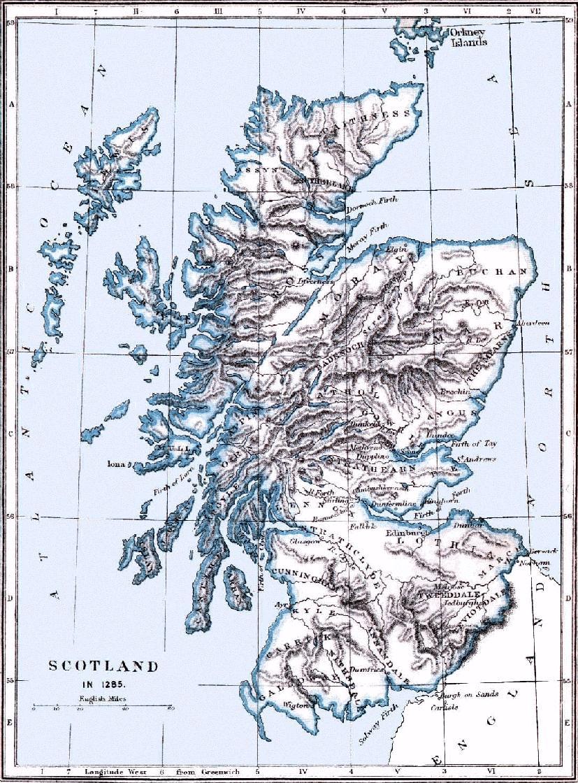 Map of Scotland about the year 1285 Lorn, Kintyre and Argyle, where the Irish DalRiata settled, are on the long peninsula hanging down from the western coast in the area D-III on the map.