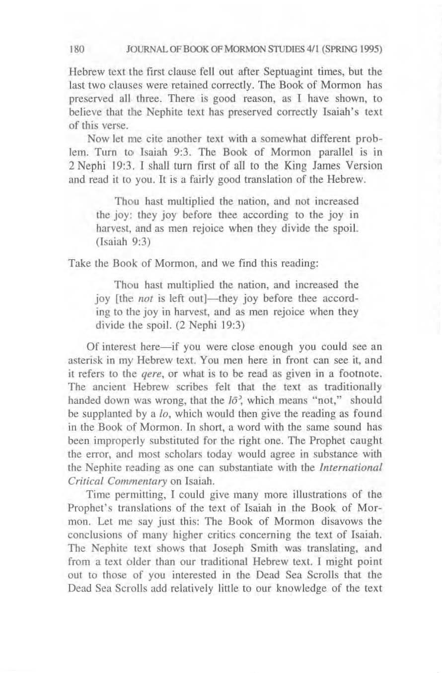 180 JOURNAL OF BOOK OF MORMON S11JDIES 411 (SPRING 1995) Hebrew lextthe first clause fell out after Septuagint times, but the last two clau ses were retained correctly.