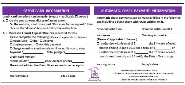 Automatic Payment (ACP) Option To initiate electronic payments (ACP), provide the information requested in the Automatic Check Payment section on the back of the pledge card (see sample card below),