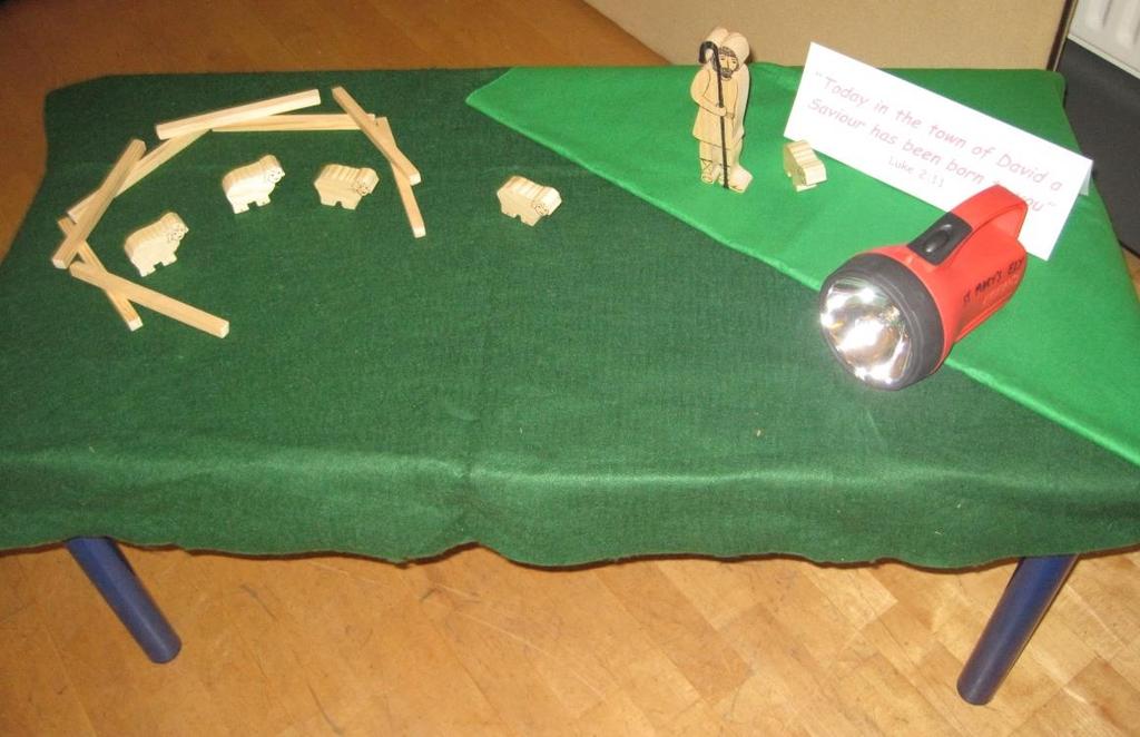 13 Station 11: An angel gives the good news to shepherds Items Needed: Table covered in two different types of green material.