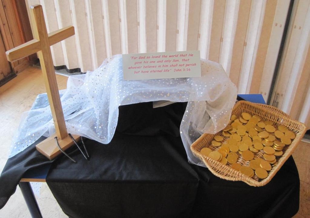 15 Station 13: Jesus came to enable us to be friends with God Items Needed: Table covered with black material. Simple tomb created with a cardboard box and covered with white shiny material.