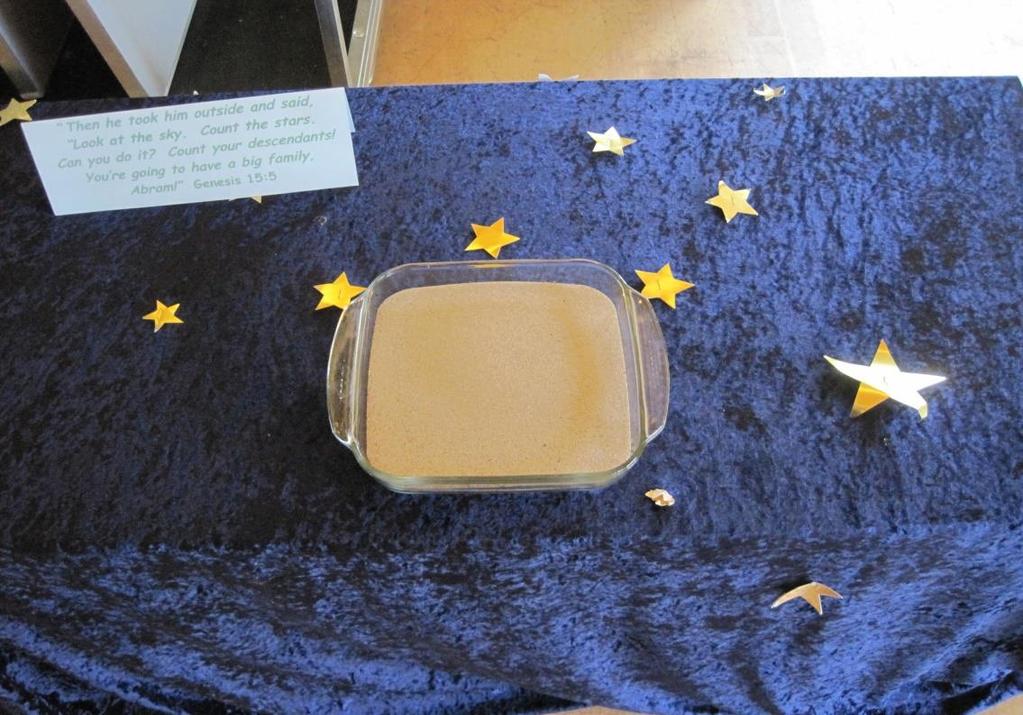 6 Station 4: God chose Abraham and made promises to him Items Needed: A table covered with blue velvety material Gold card stars are cut out and stapled onto the material.
