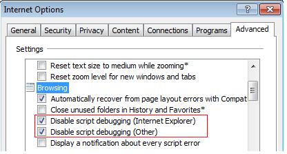 בסעיף Browsing יש לבדוק ששני האופציות שמתייחסות ל- Disable script debugging מסומנות.