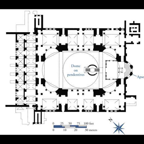 - Secular admin building instead of looking to ancient Greek/Roman temples (due to pagan association) - Longitudinal plan o Atrium nave & 2 double aisles apse w/ transept Transept allowed pilgrims to
