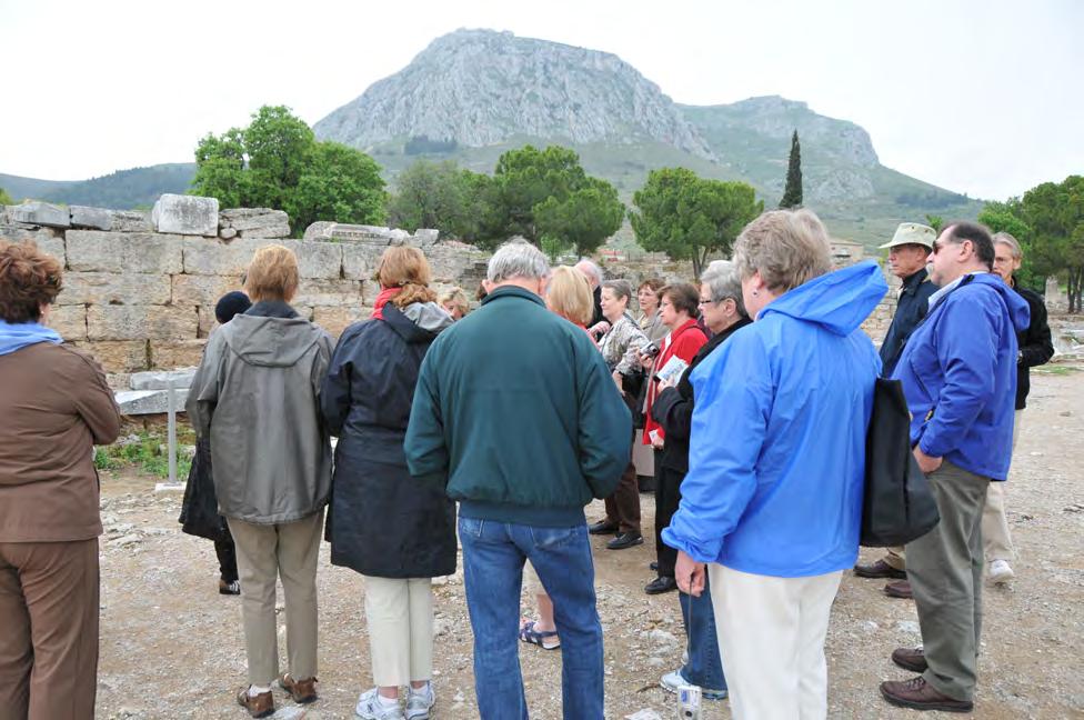 5 Above: Gazing at the bēma, the tribunal where Paul appeared before the proconsul Gallio according to Acts 18:12-17; in the distance is the Acrocorinth, a rocky mountain overlooking the entire city