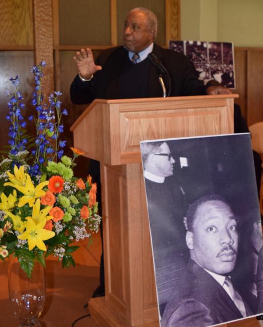 Rev. Dr. Bernard LaFayette Jr., a member of Dr. King s inner circle, addresses a large gathering inside English Chapel during the dedication and speech commemoration.