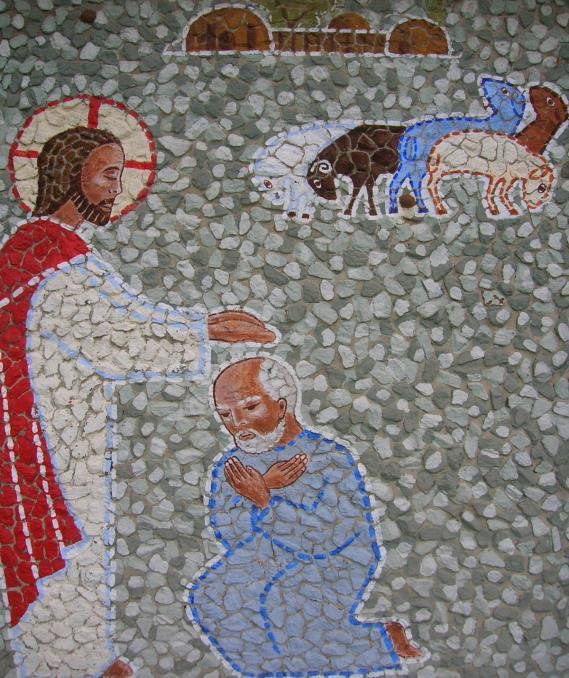Tenth Station: Jesus commissions Peter to take care of his flock, the Church. Jesus then asked Peter three times: Simon, son of John, do you love me more than these others do?