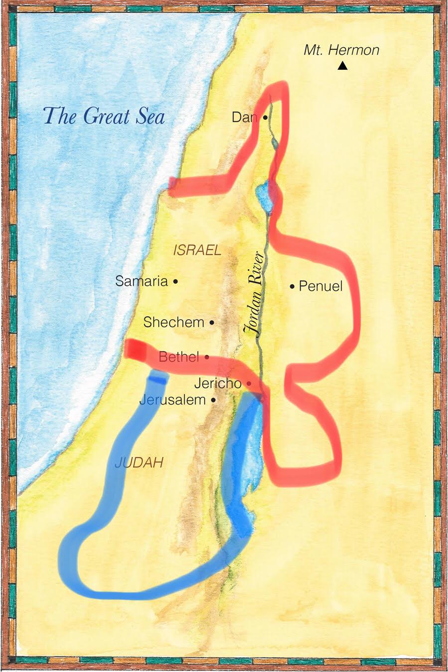 Northern Kingdom: ISRAEL King Jeroboam 10 or 11 Tribes Capital: Samaria Worship: Two Golden Calves Area: Dan to Bethel Existence: 211 years 20 Kings, none godly Southern