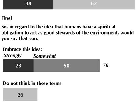 Finally they were asked whether they embraced the idea that humans have a spiritual obligation to act as good stewards of the environment, or whether they did not think in these terms.